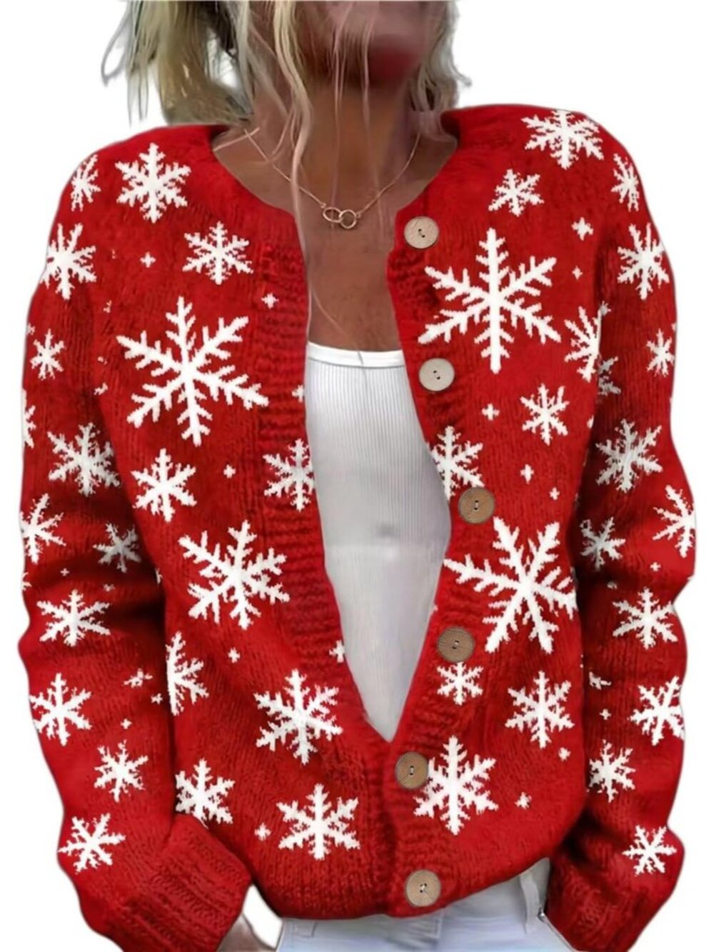 Women’s Red Snowflake Print Ugly Christmas Winter Knit Cardigan Sweater